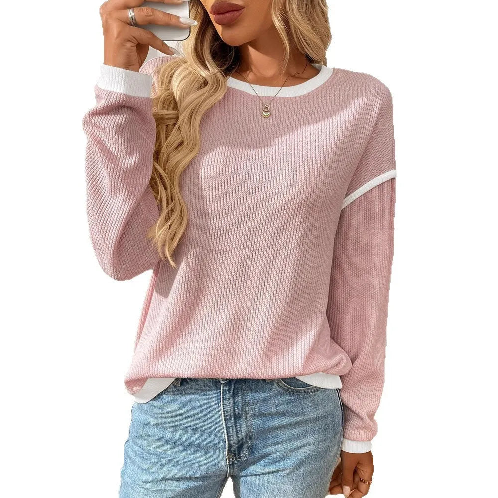 Women's loose fit polyester pullover top in round neck design with long sleeves