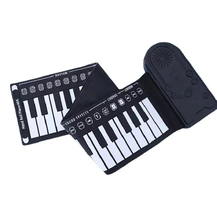 49 key portable folding electronic keyboard in pearl white, showing compact folded size next to unfolded playing position