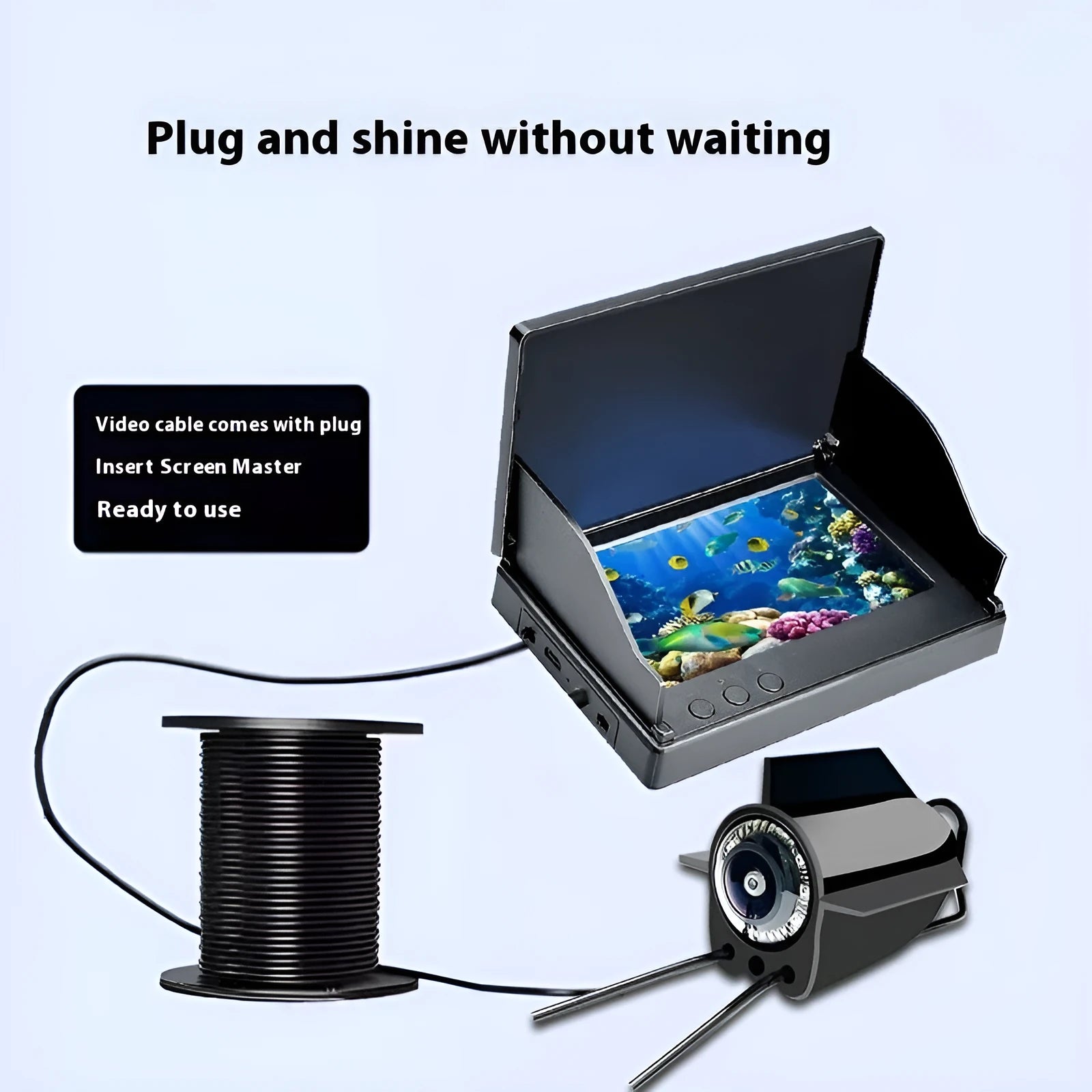 Underwater fish finder camera with 4.3-inch screen showing HD view of fish and temperature reading