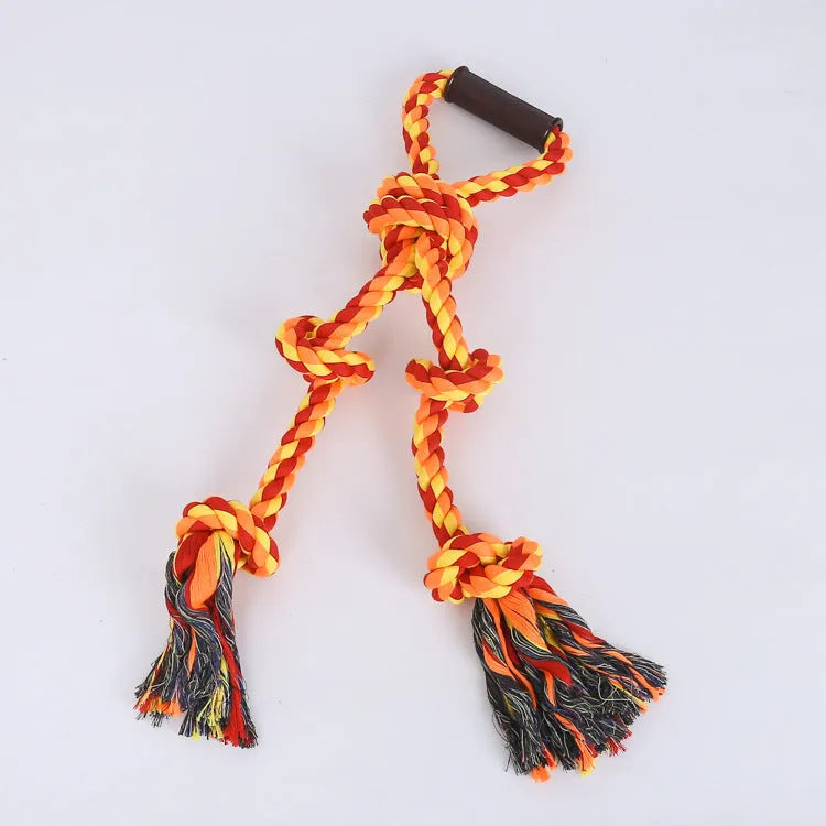 Blue and yellow durable cotton rope dog toy with handle for large breed aggressive chewers