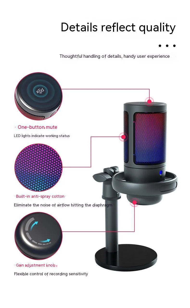 RGB illuminated condenser microphone on desk with USB cable, in black, white, or pink.