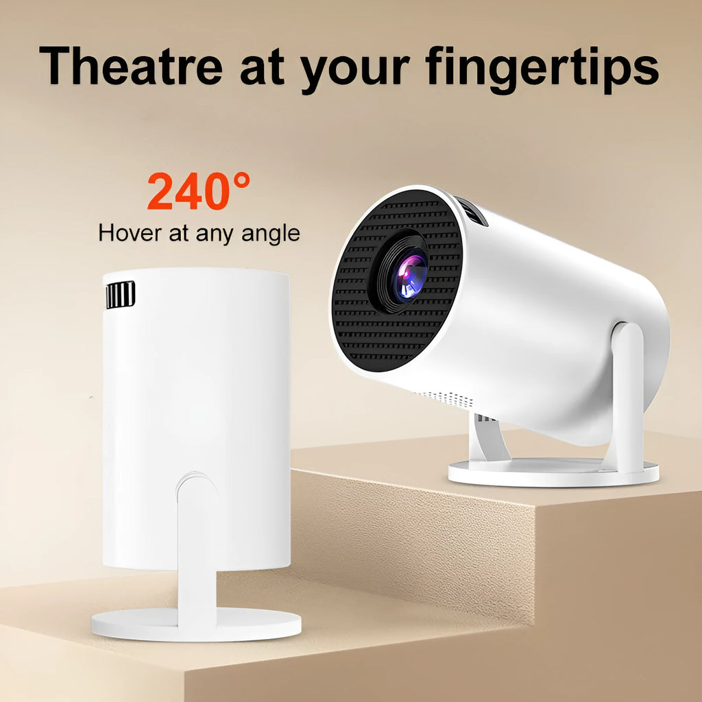 White mini wireless HD projector showing 1080p resolution and portable design