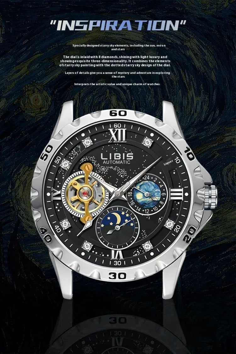 Men's silver case automatic watch with black starry dial and leather strap