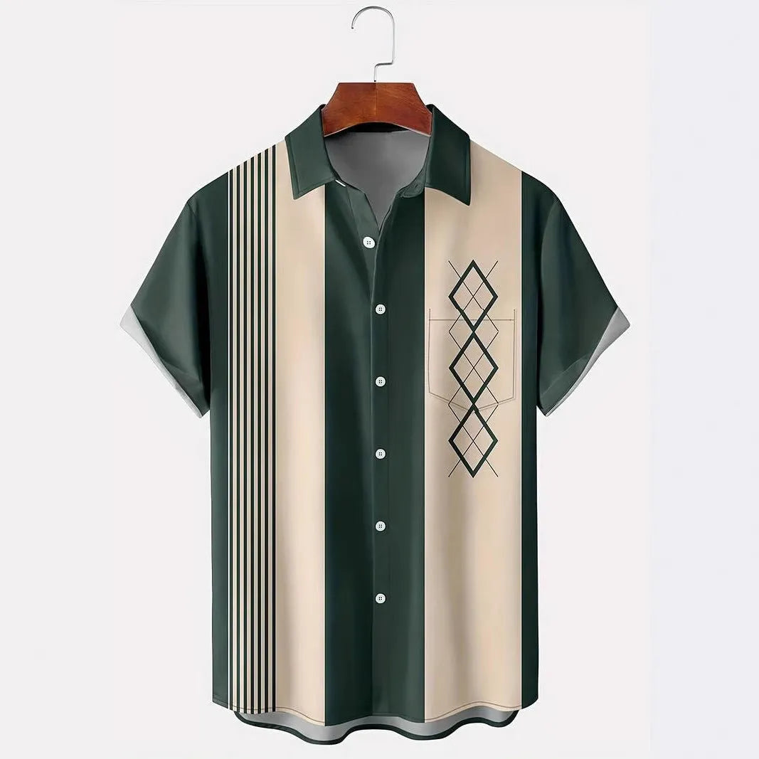 Man wearing a loose fit plaid short sleeve shirt with a contrast colour lapel, cardigan style.