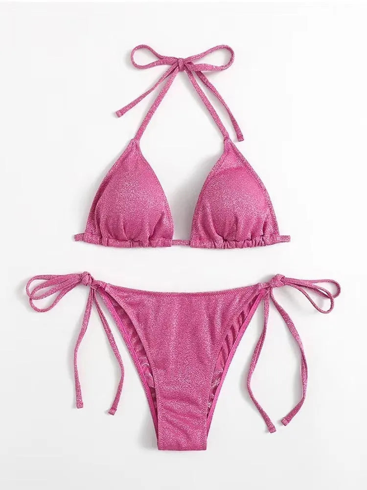 Women's bandage-style bikini swimsuit in polyester available in six colours with detailed size chart