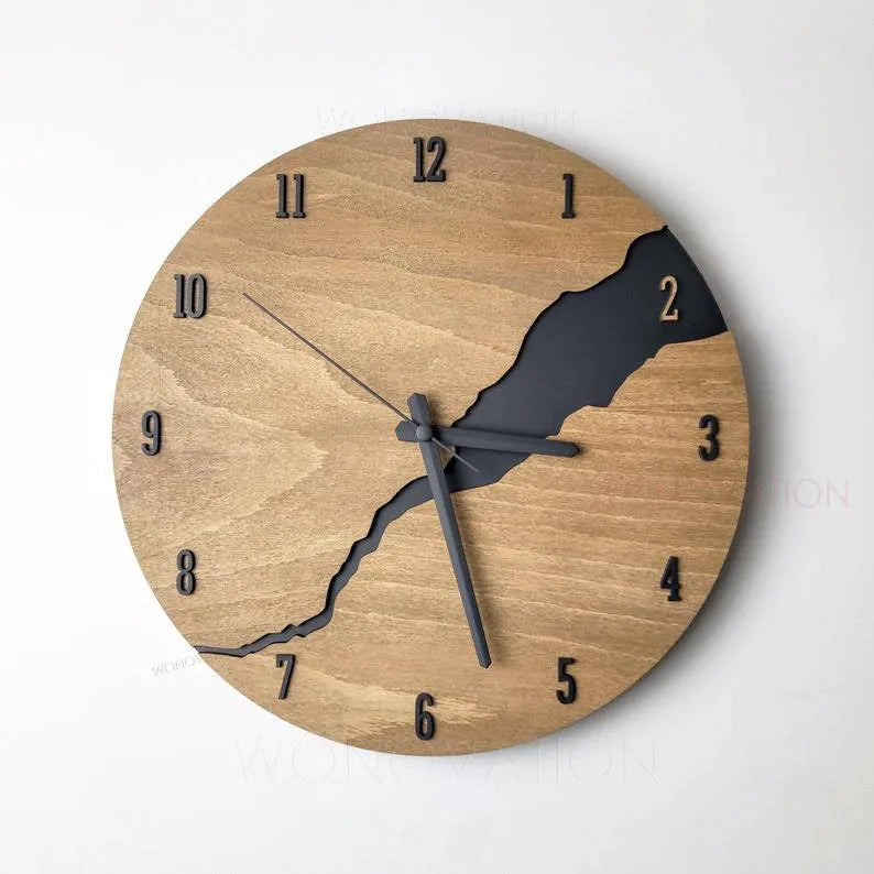 Modern wooden wall clock with creative crack design in one of five colour options