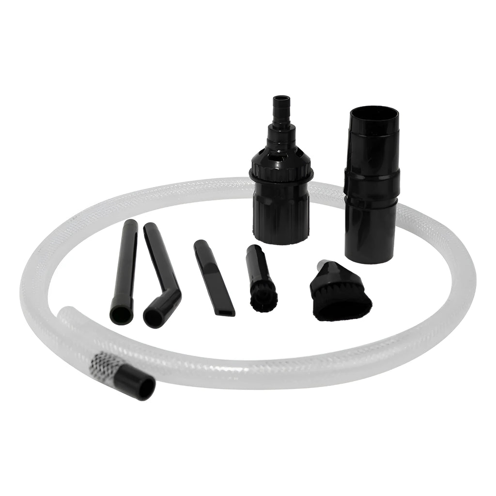 Eight-piece vacuum cleaner accessory set with small suction head for confined space cleaning