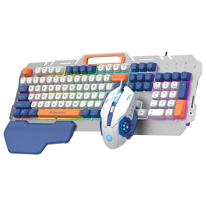 Blue wired gaming keyboard and photoelectric mouse set on a desk with backlit keys visible.