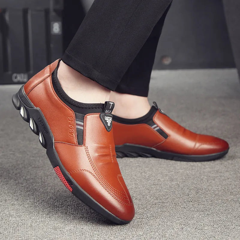 Men's black and brown PU leather business shoes with flat heel design