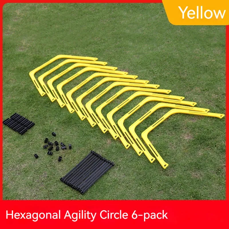 Six foldable hexagon football agility training rings in yellow, green, and orange colours