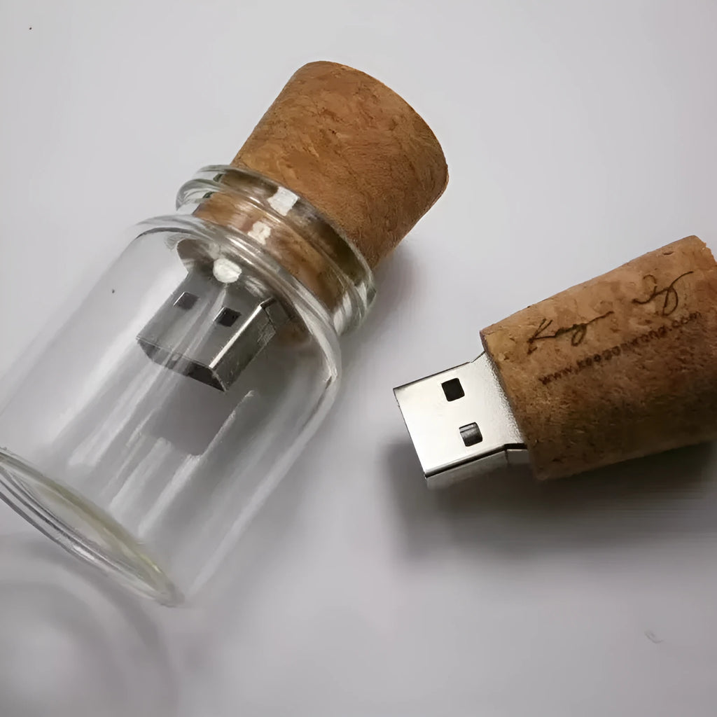 Wooden wish bottle USB flash drive with transparent design showing coloured beads inside
