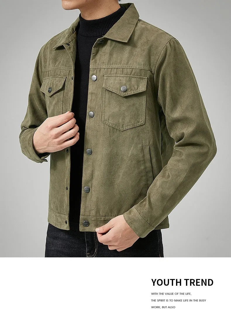 Men's casual brushed suede slim fit jacket in khaki, with shirt sleeves and topstitching slit pockets