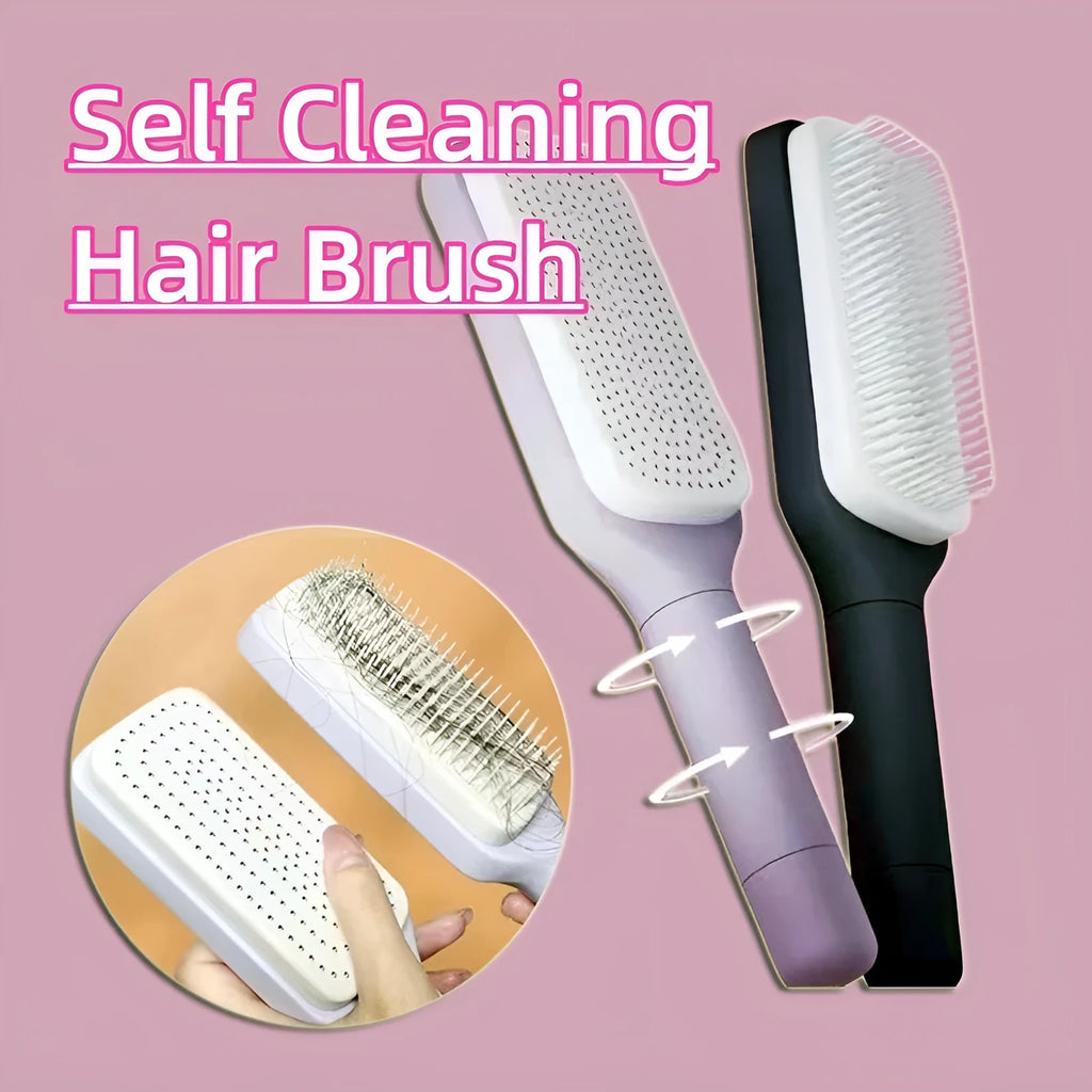 Purple self-cleaning hair brush with rotating handle and anti-static massage comb teeth