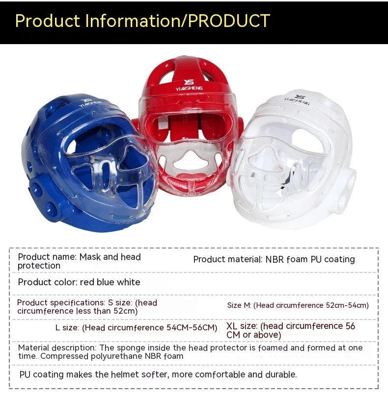 Karate boxing helmet for head protection available in blue, red and white colours with size options