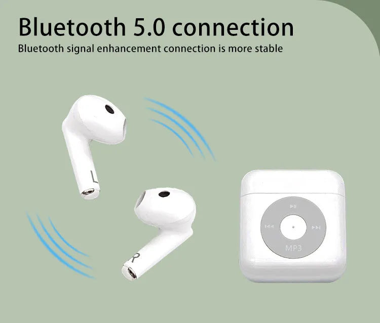 White wireless Bluetooth earphones with a semi in-ear design and a charging case on a white background.