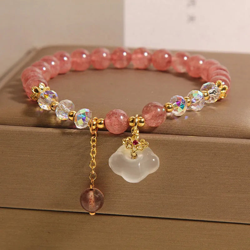 Women's adjustable strawberry quartz and white agate crystal bracelet with auspicious clouds pattern