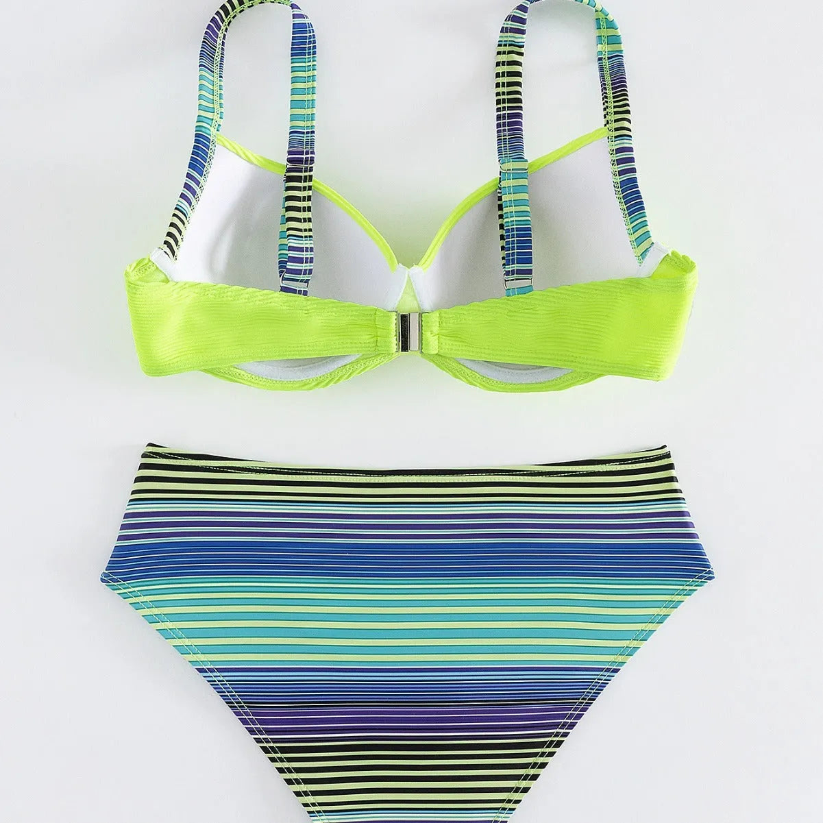 Green printed women's halter bikini set with split briefs on white background