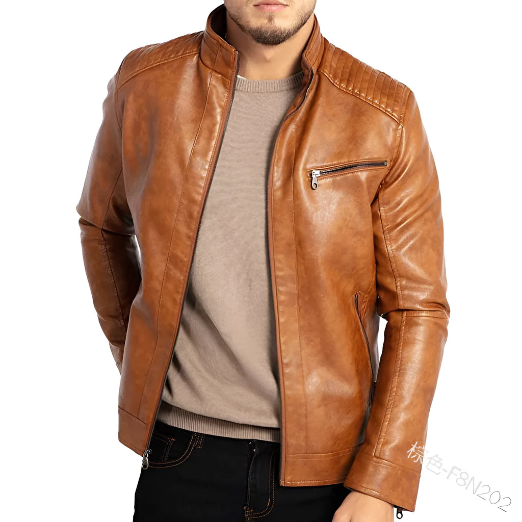 Men's brown punk motorcycle leather jacket with stand collar and patch pockets