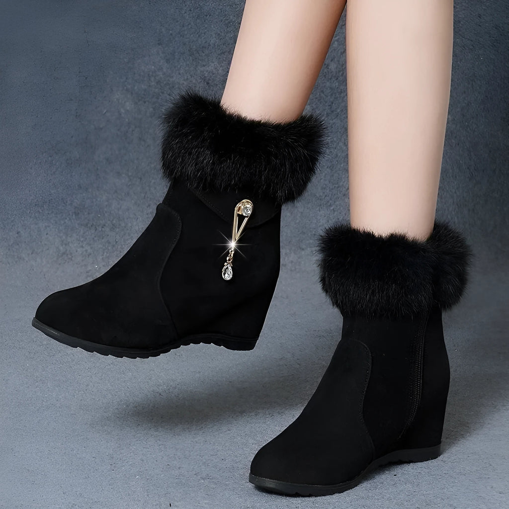 Black height increasing insole snow boots for women with fur integration upper and casual design
