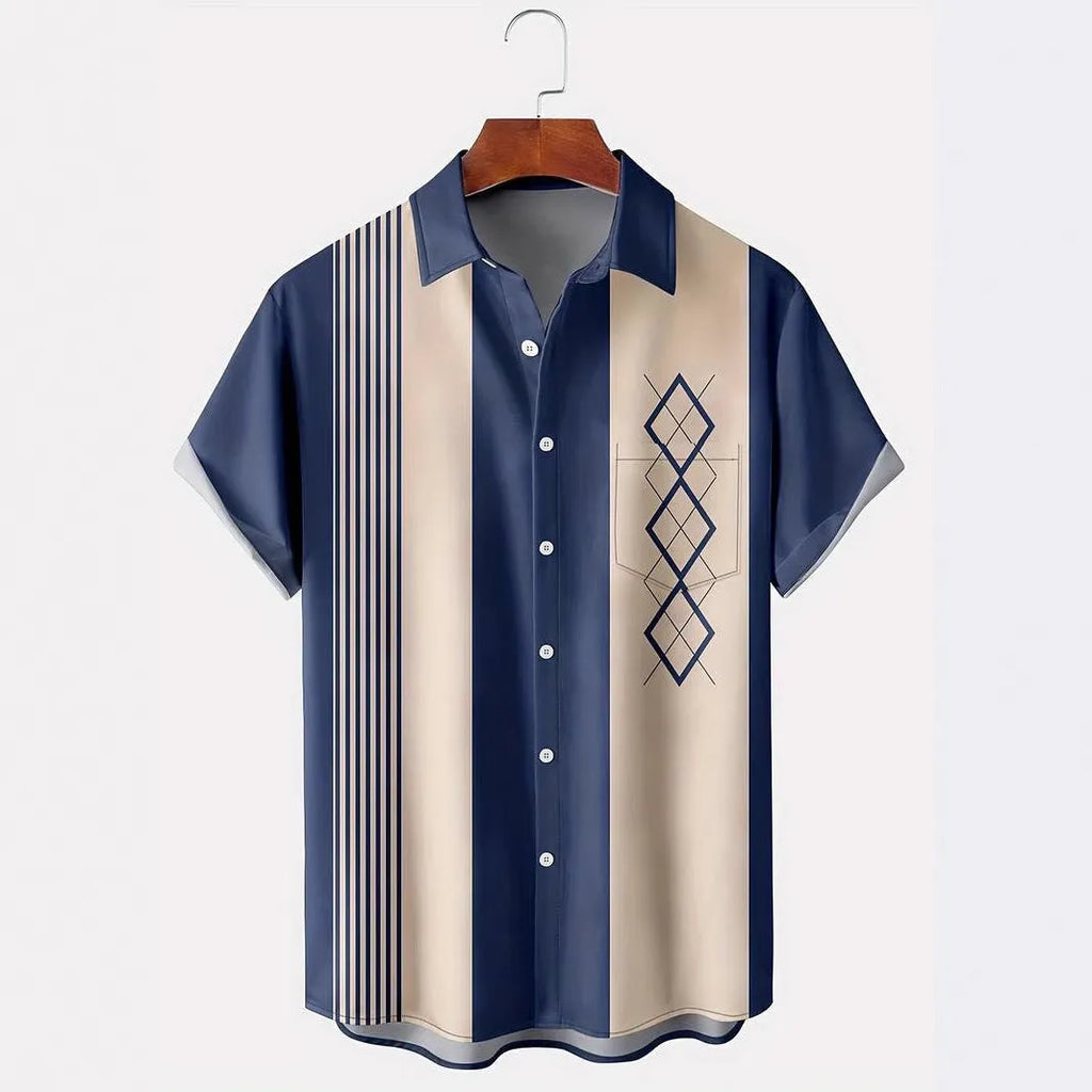 Man wearing a loose fit plaid short sleeve shirt with a contrast colour lapel, cardigan style.