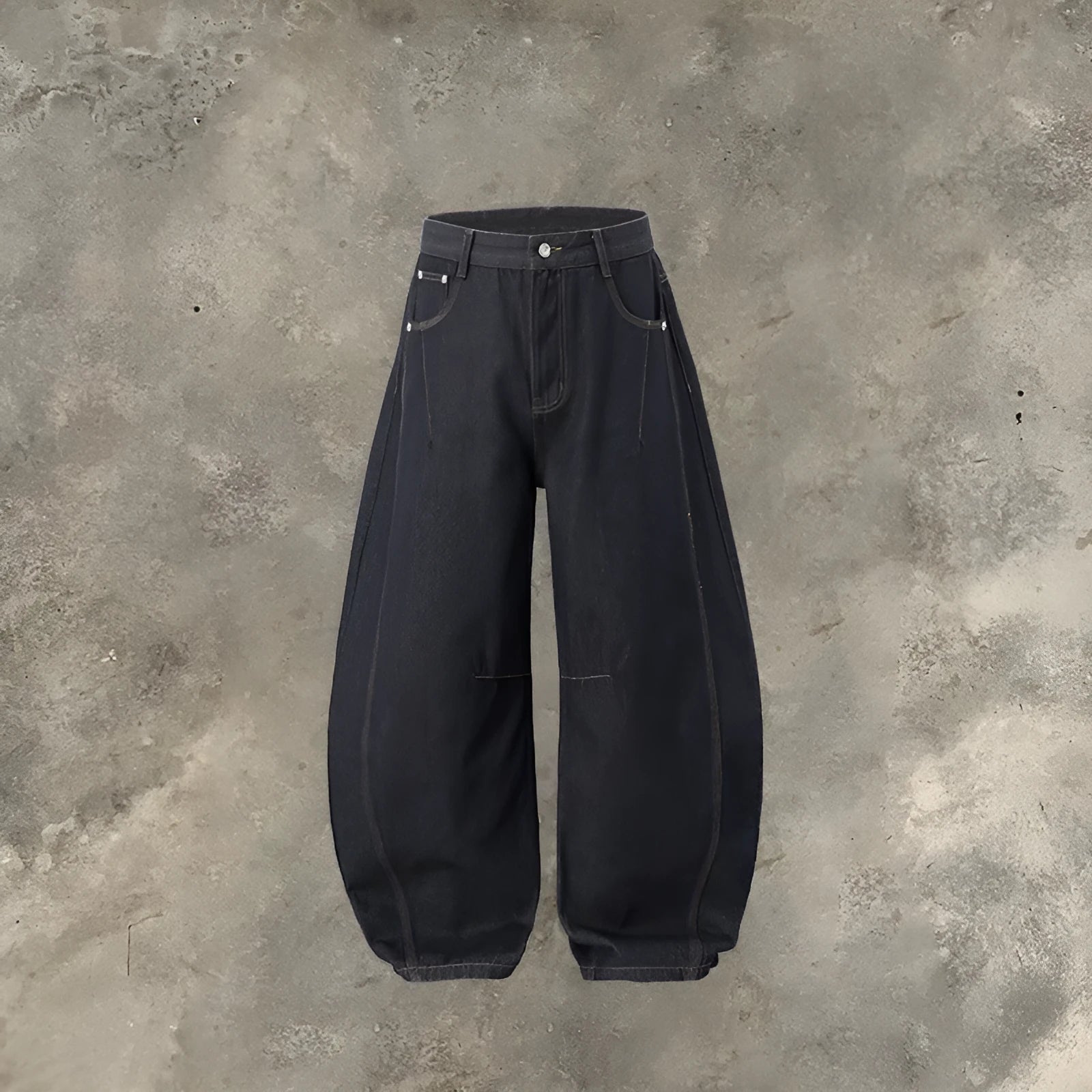 Men's wide leg denim trousers in original cow colour showing relaxed fit and mid waist construction
