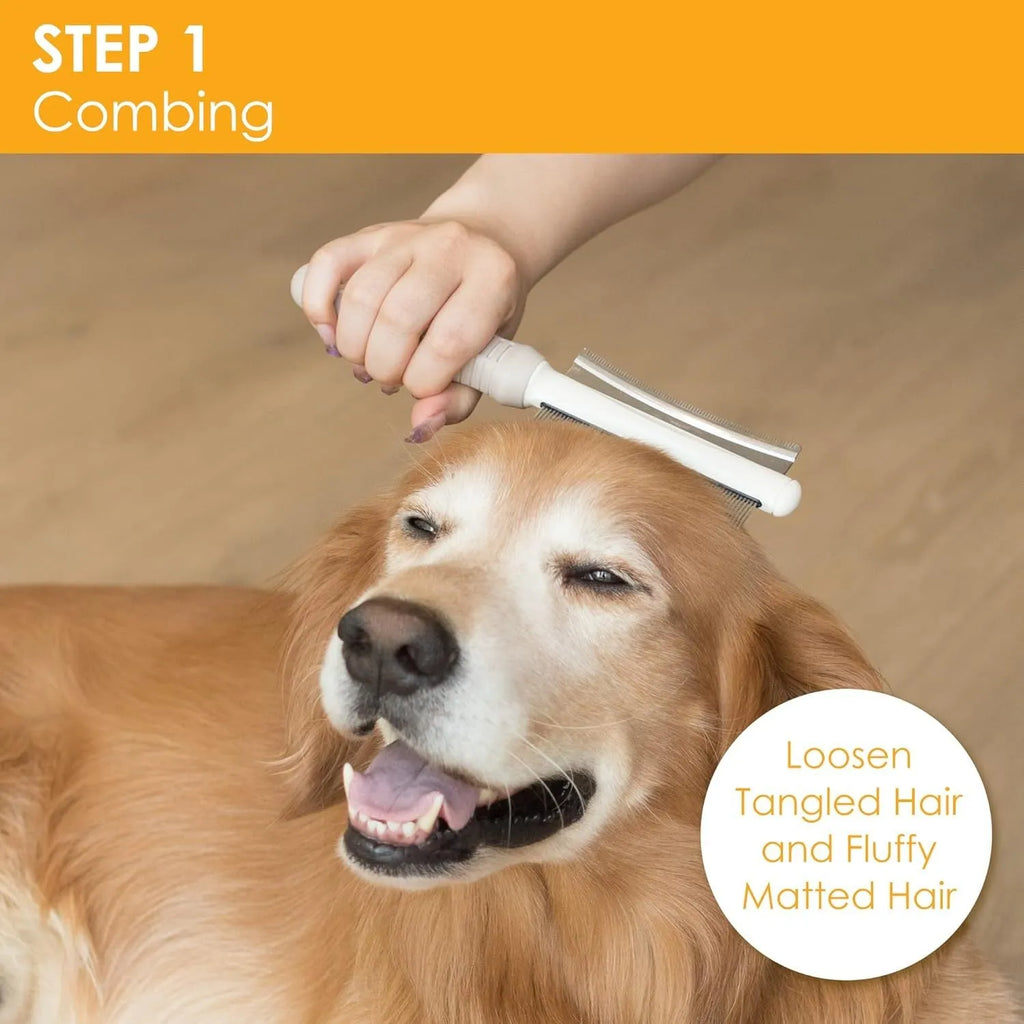 White double-sided dog cat deshedding brush with grooming comb and ergonomic handle.