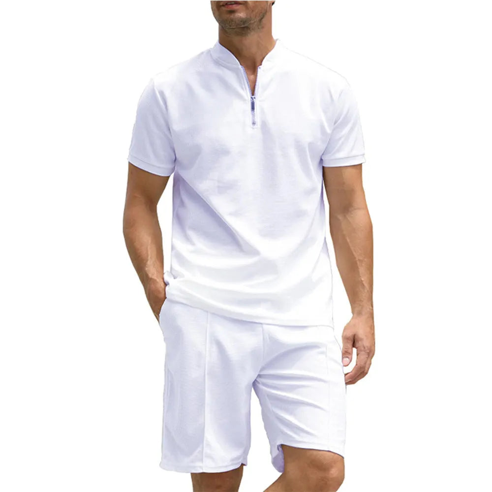 Men's solid colour polo shirt and trousers two-piece set in beaded bird's eye polyester fabric