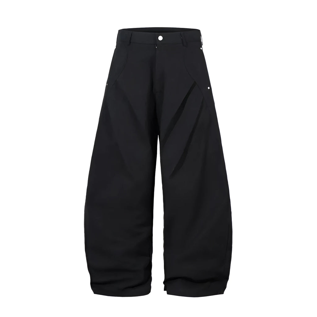 Men's black pleated machete casual trousers with wide-leg loose-fitting design