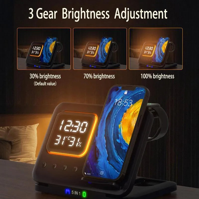 Black and white 5-in-1 wireless charging dock station with phone, watch and earphones charging, showing LED clock display.