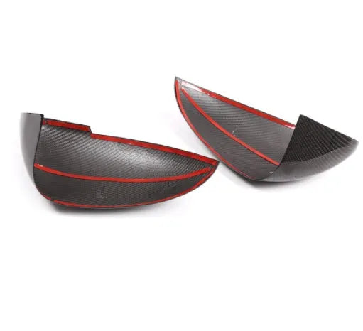 Black true carbon fibre rearview mirror covers for 14-22 Porsche Macan with dimensions 27.5x16.3x13.8 cm