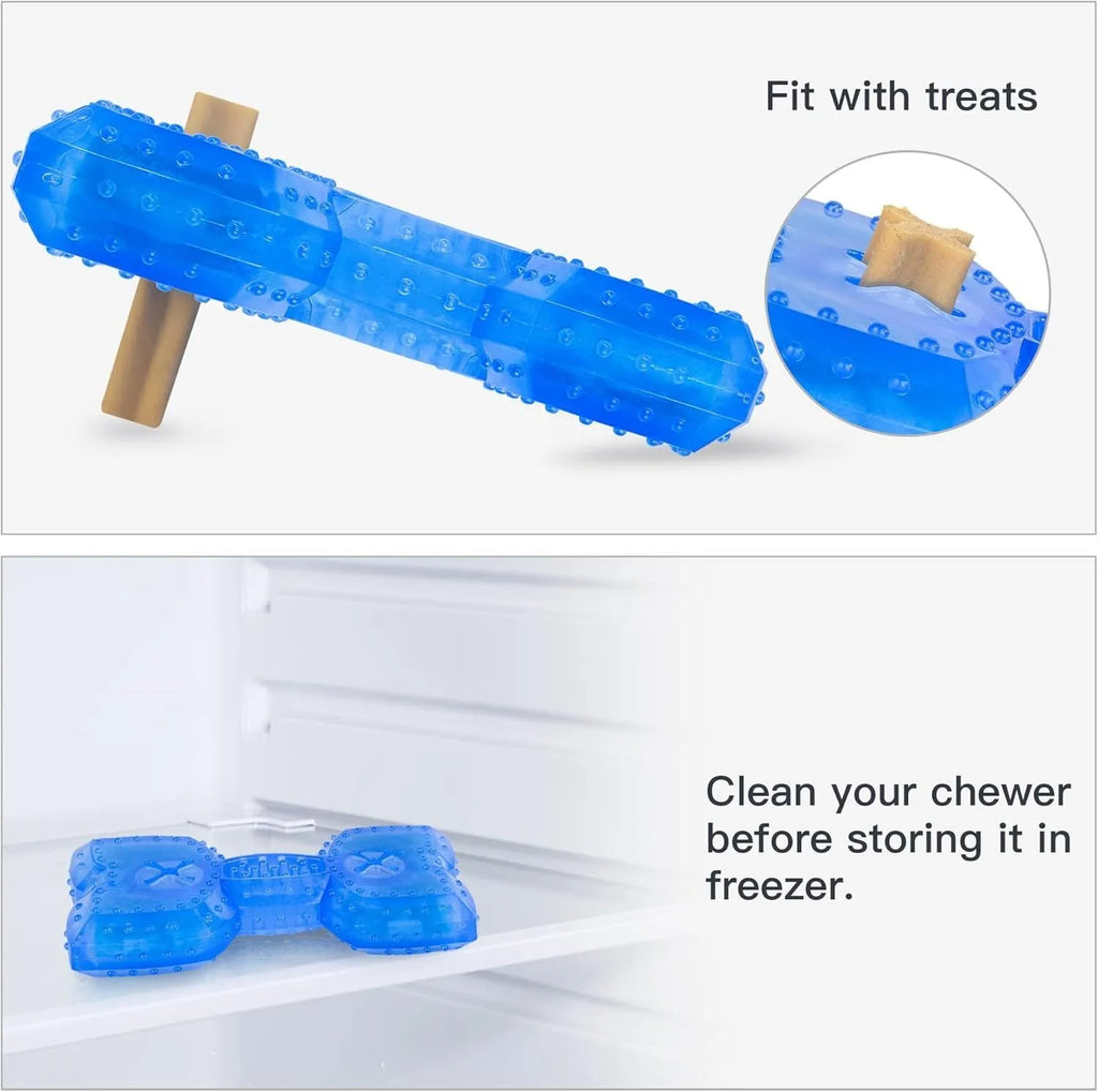 Freezable bone-shaped dog teether chew toy shown next to a circle-shaped version, both with treat-filling holes.