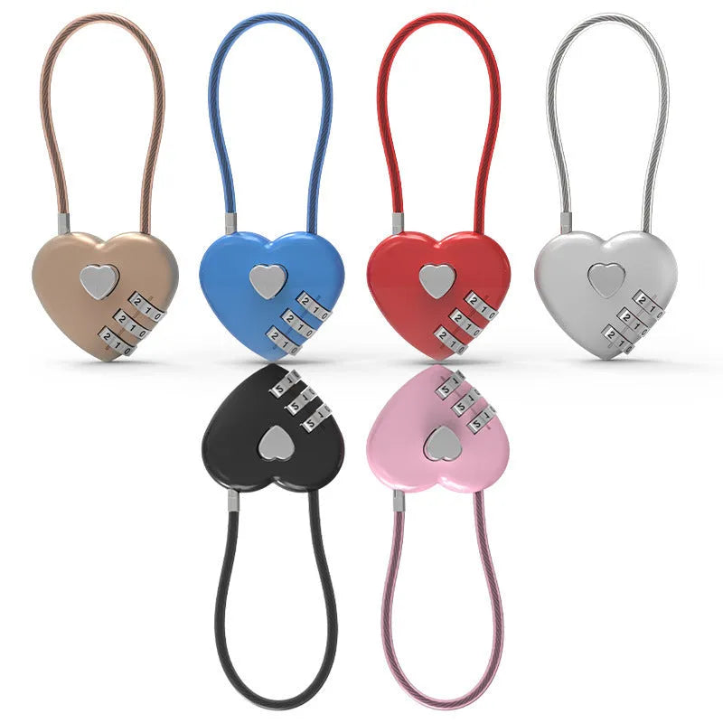 Peach heart-shaped cable lock with a long steel rope, shown in various colours including red, blue, and gold.