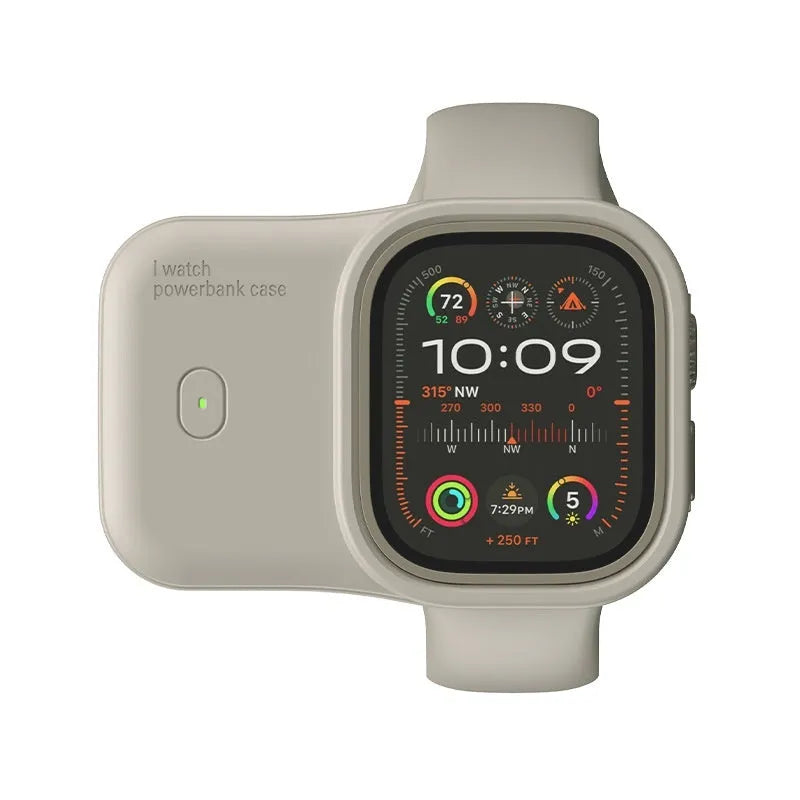 Apple Watch portable wireless charging case power bank in brown, midnight blue, and starlight colours