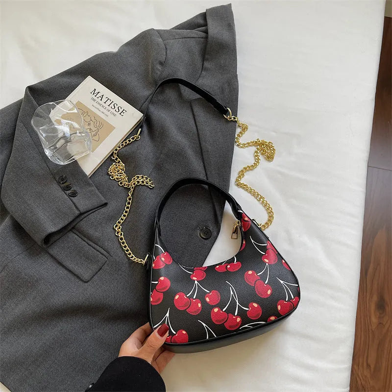 Autumn printed fashion underarm tote bag PU horizontal square with stitching and contrast colour details in black