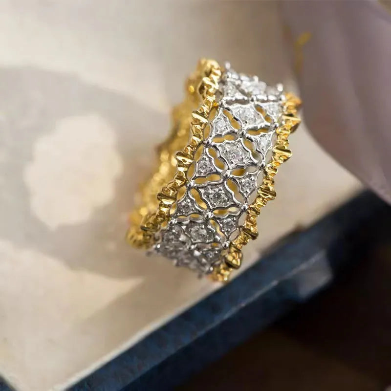 Geometric two-tone gold colour zircon copper ring showing round elements and electroplated finish