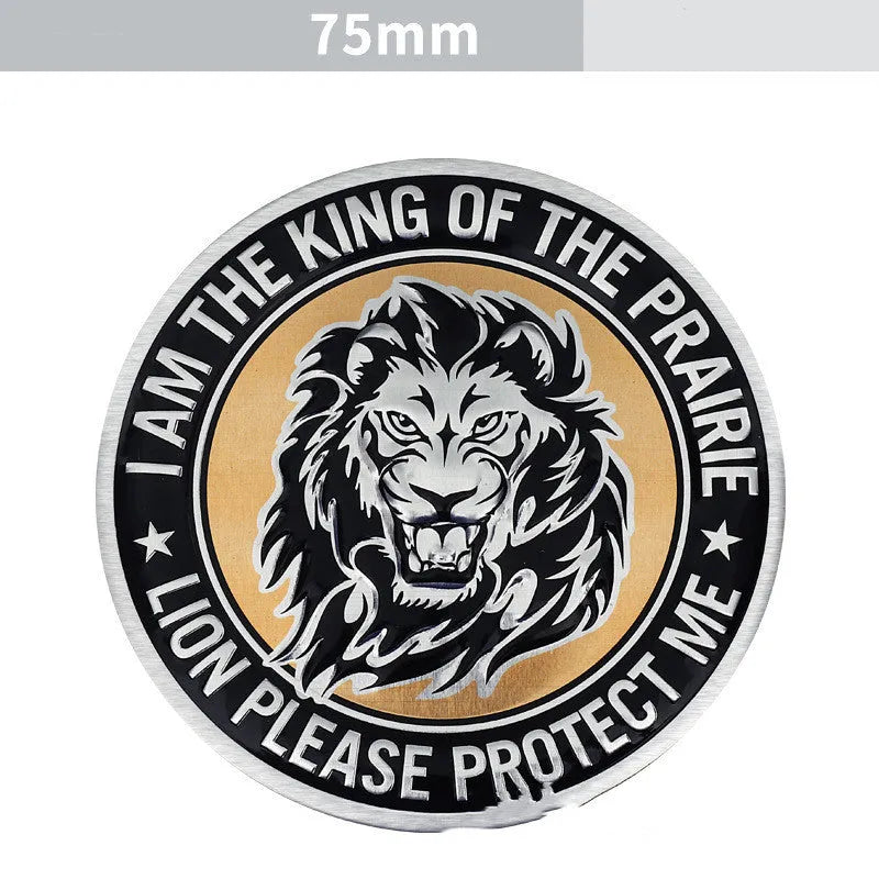Aluminium car body stickers showing round lion, eagle, wolf head and tiger emblem designs for vehicle exterior decoration