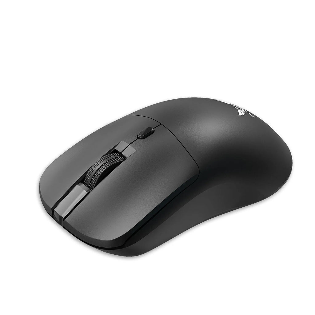 Black wireless mouse with three-gear audio button, photoelectric sensor, and AAA battery compartment