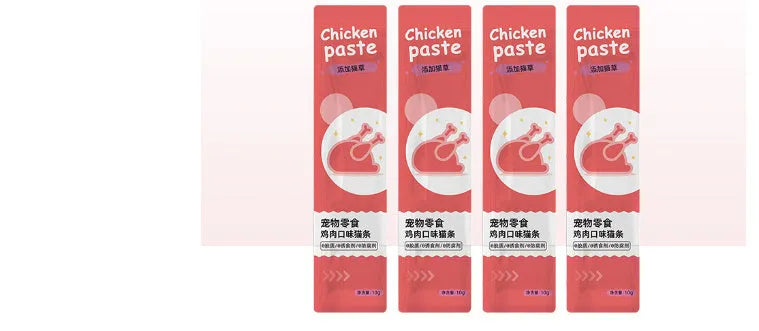Pack of 10 cat snack strips in four flavour variants for kittens