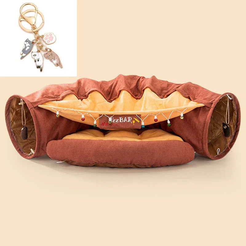 Collapsible cloth cat tunnel in a choice of four colours, shown with dimensions 45cm long by 50cm wide.