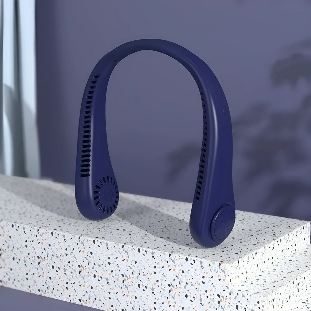 Blue USB rechargeable bladeless neck fan being worn, showing soft neckband and streamlined air outlets.
