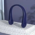 Blue USB rechargeable bladeless neck fan being worn, showing soft neckband and streamlined air outlets.