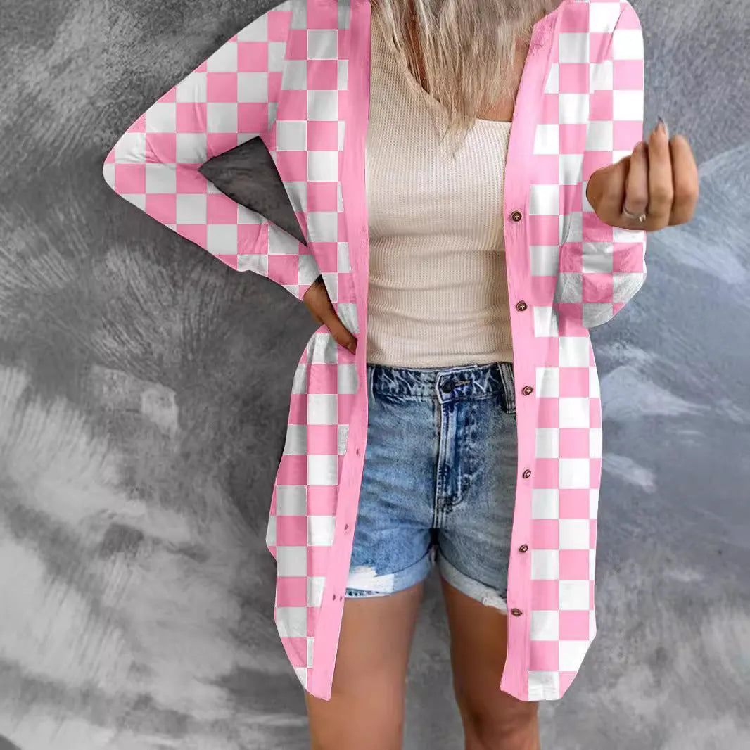 Women's long grey plaid knitted cardigan with contrast colour pattern and regular sleeves