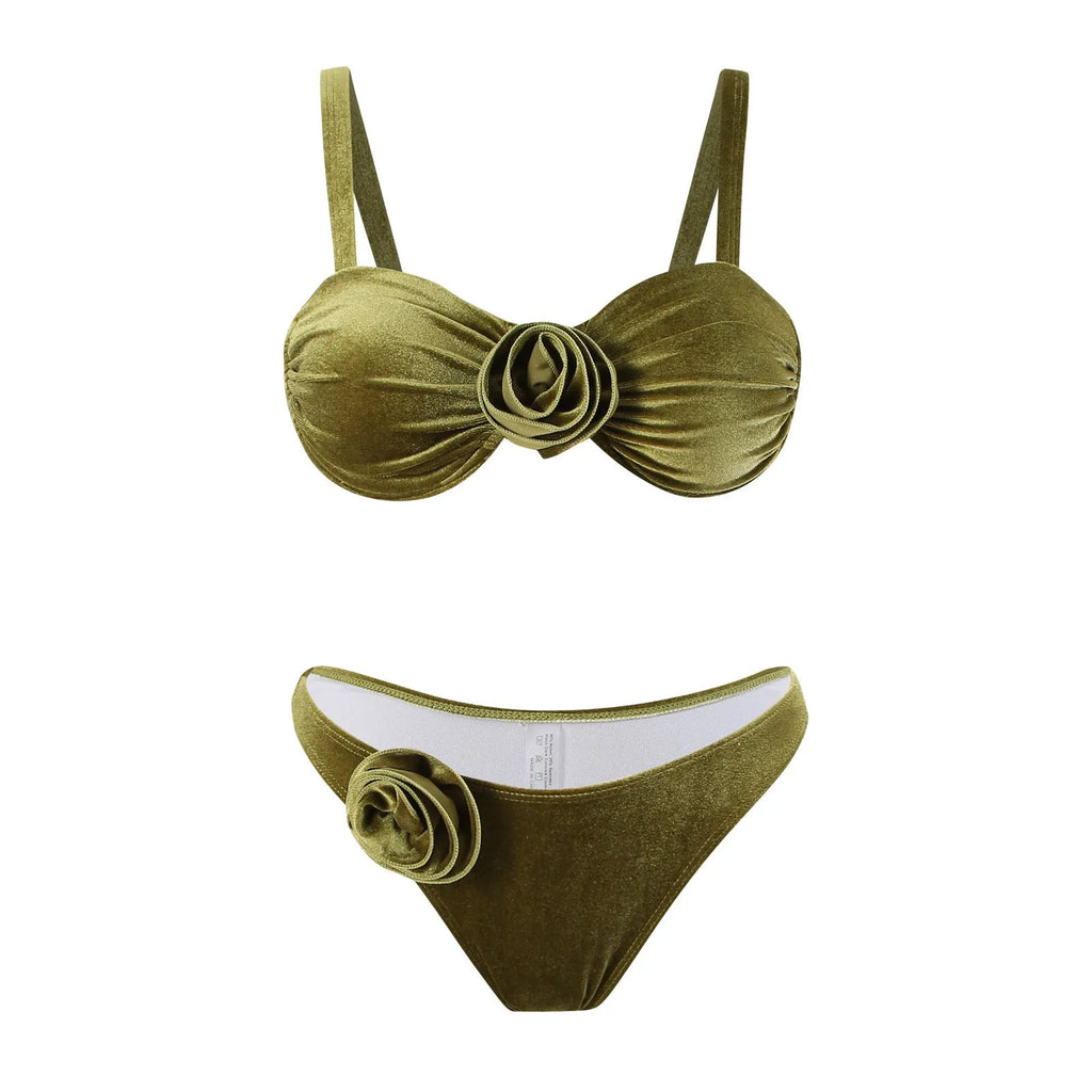 Women's A371 Green 3D floral high-elasticity swimsuit briefs.