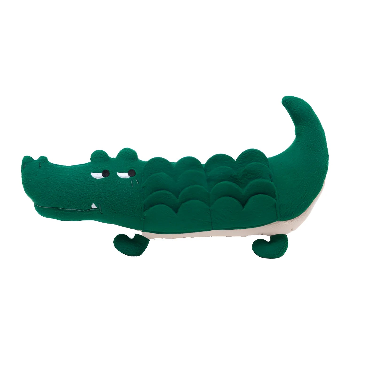 Green plush dog toy with squeaker measuring 35cm long on white background
