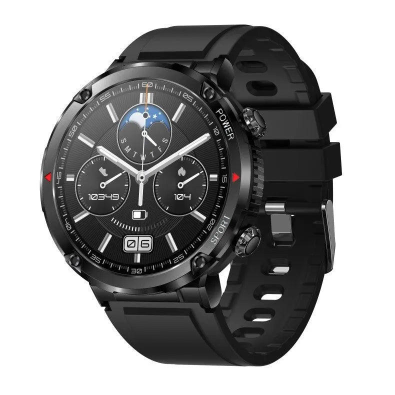 T30 smart watch with black silicone strap showing 52mm touch screen displaying heart rate and call interface