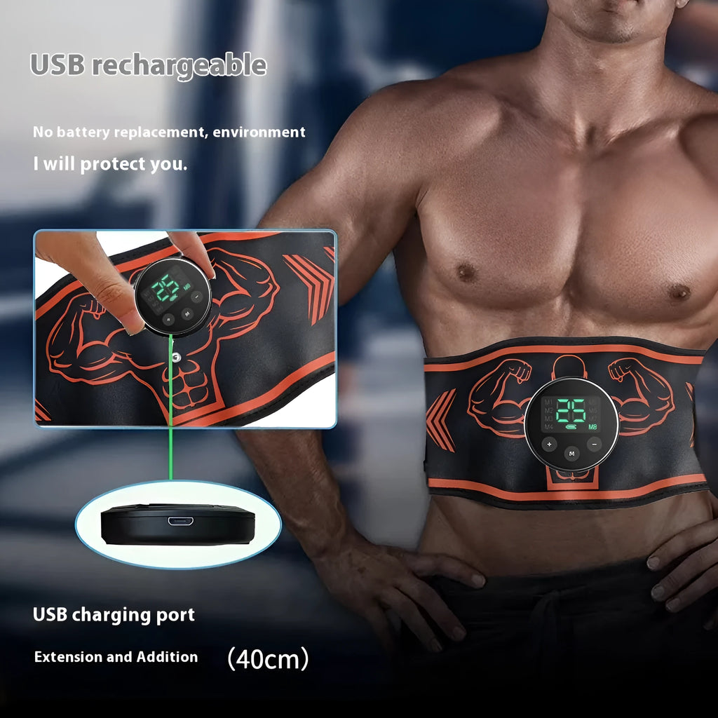 Blue and orange smart EMS massage belt fitness equipment with arm straps laid flat.