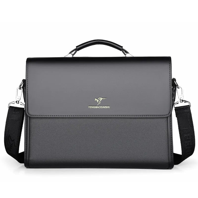 Men's horizontal waterproof PU leather briefcase in black for business commute