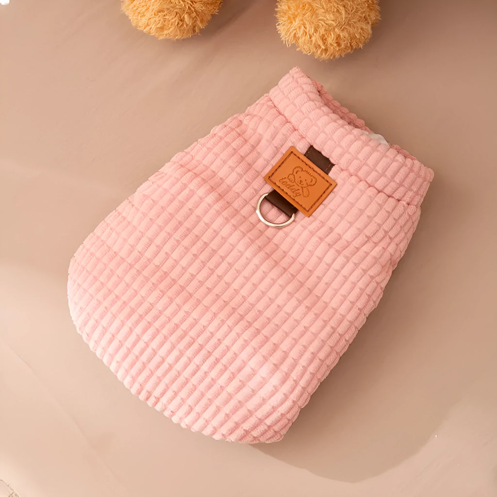 Pink checked corduroy dog vest with metal leash ring and bear tag for small medium dogs