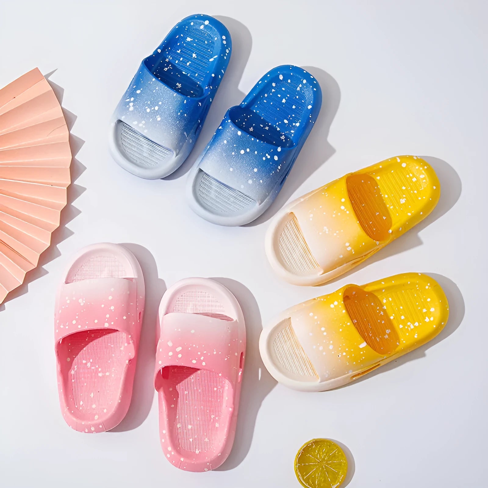 Children's gradient colour PVC summer slippers showing non-slip sole and breathable upper construction