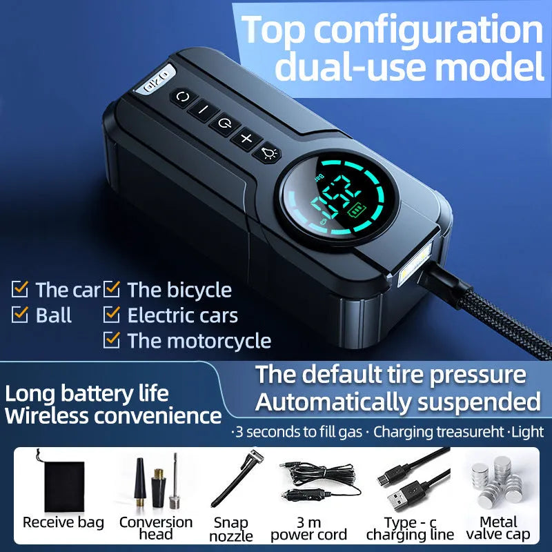 Wireless portable car air pump with LCD display, 6000mAh battery, and multiple nozzle attachments
